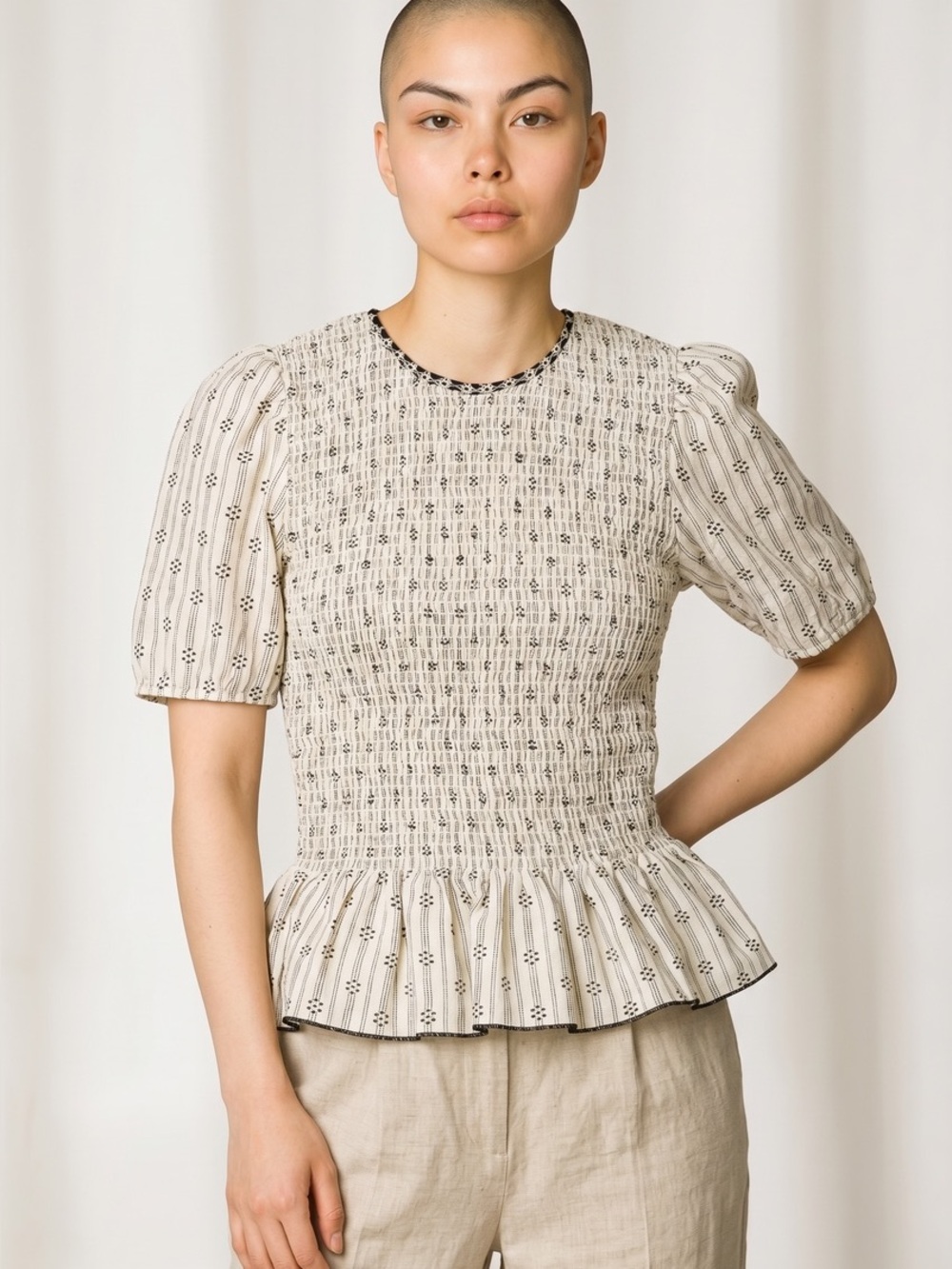 Isabel Marant Cream & Black Silk Smocked Peplum Blouse, size 42 (US 10)